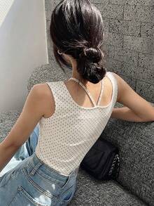 FRIFUL 女款白色黑波點修身掛脖背心上衣，夏季日常可愛外出上衣 - 杏色 - 查看 2