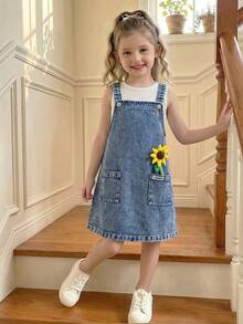 Elladie kids Young Girls' Denim-Effect 2-Piece Set, Ribbed Tank Top And Adjustable Denim Pinafore Dress With Sunflower Decor, Summer, Matching, Family Vacation - Blue - View 3