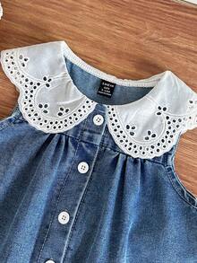 Bộ đồ denim cổ thêu thời trang cho bé gái - Màu xanh lam - Xem 5
