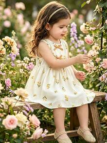 SHEIN Baby Girls' Casual Floral Print Dress With Bow Decor, Suitable For Spring/Summer, Home, Outdoor, Vacation, Daily Wear - Multicolor - View 8