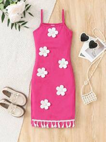 Emery Rose Kids Emery Rose Kids 年轻女孩/年轻女孩优雅印花露背修身度假连衣裙，吊带蝴蝶结喇叭裙摆设计，休闲日常街头服饰 - 玫紅色 - 查看 4