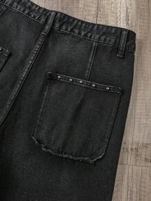 Manfinity Joysei Men's Vintage Fashionable Versatile Rivet Frayed Distressed Wide Leg Loose Casual Daily Denim Jeans - Black - View 3