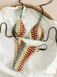 Swim Chiccia 女士沙滩音乐节春夏针织提花面料串珠时尚优雅露背丁字裤比基尼套装 - 彩色 - 查看 6