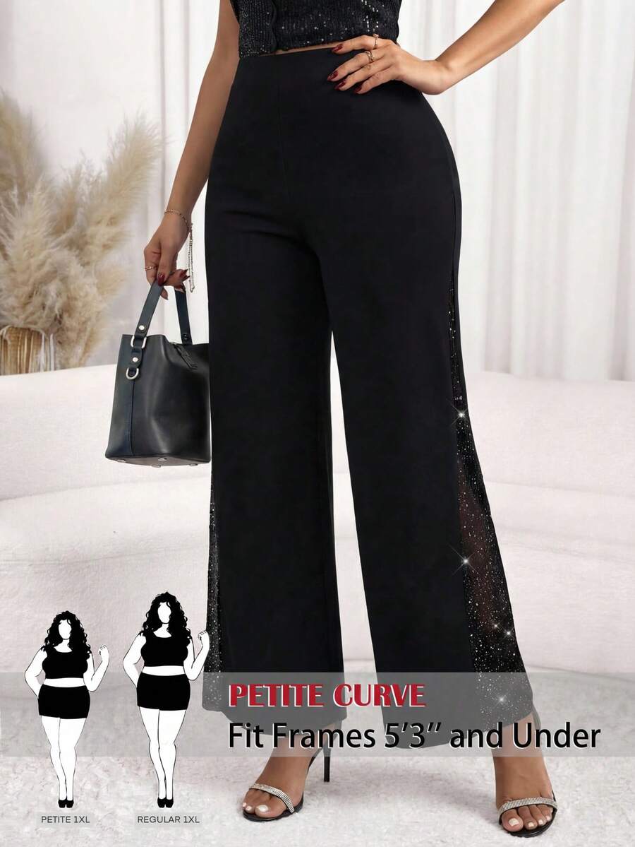 SHEIN PETITE CURVE 大尺碼女款黑色亮片拼接高腰直筒褲,優雅秋季辦公寬腿休閒褲 - 黑色 - 查看 1
