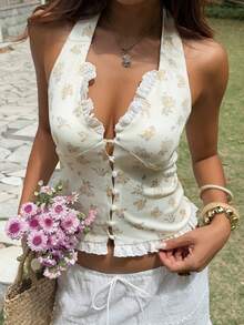 Áo vest nữ cổ buộc dây in hoa, kiểu dáng thường ngày đa năng. - màu xanh lá - Xem 5
