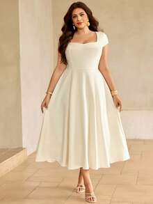 Roveilla Plus Size Women's White Summer 70's Elegant Party Formal Square Neck V-Neck Waist Gathered Flared Hem Short Sleeve Apricot Mid-Length Dress - Apricot - View 4