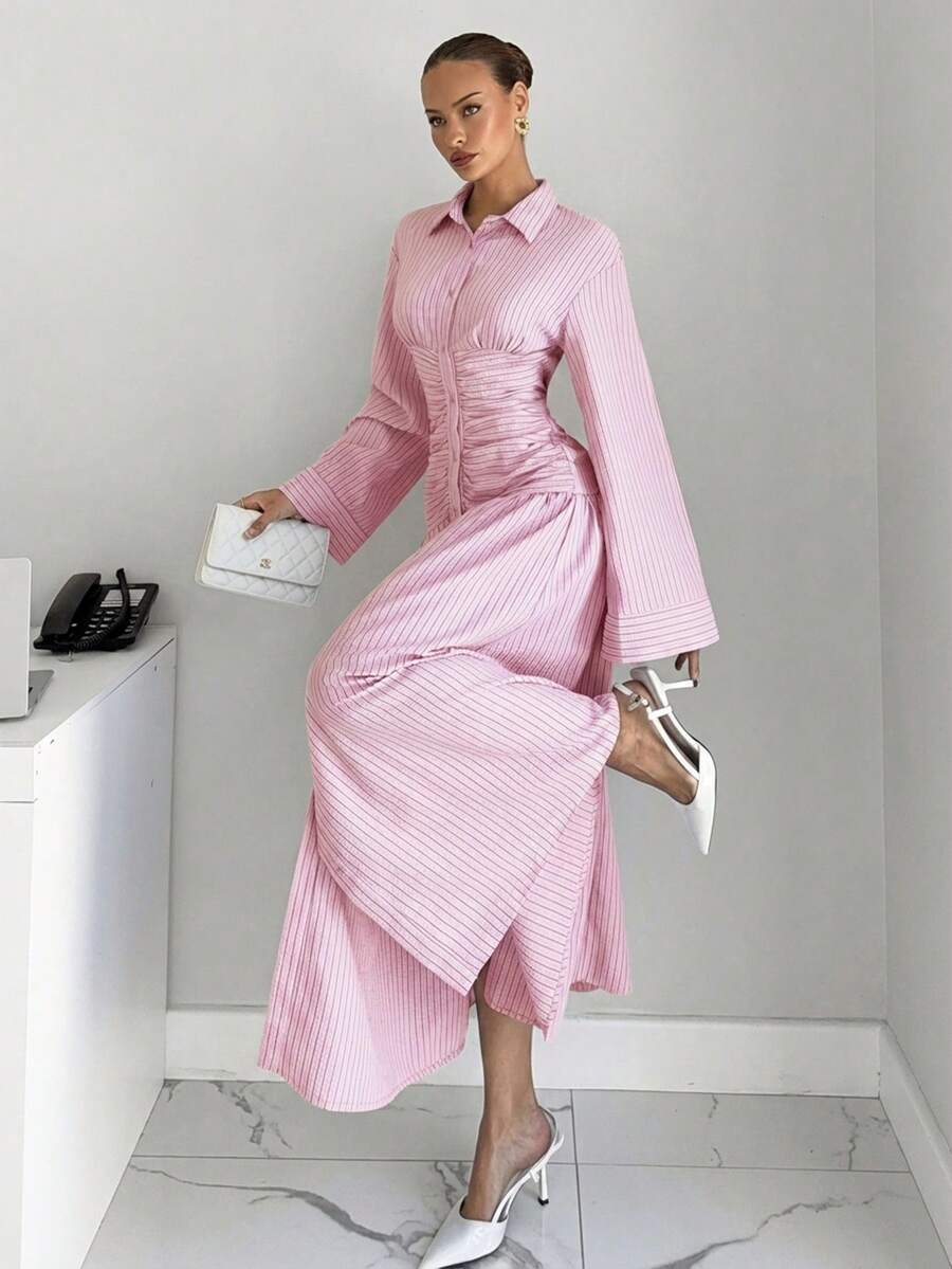 Siren Gaze 女款休閒優雅通勤粉白配色前開扣長洋裝,茶會夏季禮服,婚禮賓客女裝 - 粉色 - 查看 1