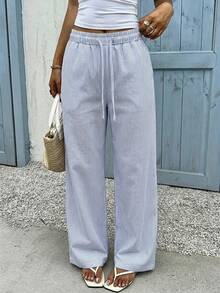 SHEIN EZwear 休闲度假风蓝白条纹梭织阔腿裤，适合春夏度假穿着 - 藍白色 - 查看 7