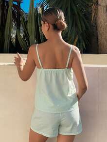 DAZY 2pcs Vacation Style Striped Contrast Ruffle Trim Camisole And Shorts Pajama Set For Women Summer - Green - View 2