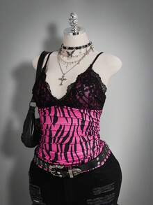 SHEIN ICON Plus Size Women Lace Patchwork Ruffle Bow Decor Printed Tank Top, Hip Hop Style - Multicolor - View 8