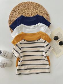 4pcs Baby Boy & Baby Girl Cute Casual Versatile Knitted Elastic Striped Long Sleeve Top Set, Suitable For Spring & Summer Indoor And Outdoor - Multicolor - View 2