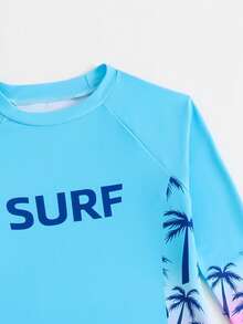 SHEIN Tween Boys Aqua Blue Swimwear Set,Ombre Palm Tree Print Long Sleeve Rash Guard And Swim Trunks,Funny Colorblock Letter Graphic,Summer Vacation Holiday - Blue - View 4