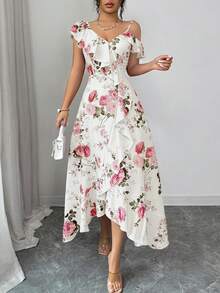 Vestido largo floral asimetrico de mujer con hombros descubiertos y bajo irregular con volantes - Albaricoque - Ver 4