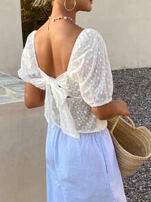 Livesso Blusa de algodón blanco con cuello cuadrado, mangas con volantes y lazo delantero para mujeres, primavera y verano - Blanco - Ver 6