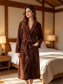 Áo choàng tắm nữ dài cổ ve áo, lót lông cừu, chất liệu flannel, kiểu dáng thoải mái, mềm mại, sang trọng, thanh lịch và quyến rũ, thích hợp cho đầu mùa xuân. - Màu Khaki - Xem 4