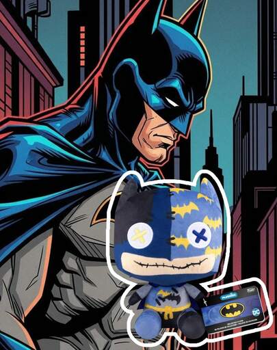 Funko 超级英雄毛绒玩偶收藏品，灵感源自黑暗骑士的拼接设计，带有蝙蝠标志，柔软的填充坐姿玩具，可爱的家居或卧室装饰礼品之选