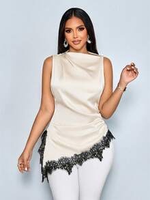 Blusa de satén elegante y minimalista para mujer con cuello alto simulado, recortes de encaje negro, parches y bajo asimétrico sin mangas - Albaricoque - Ver 8