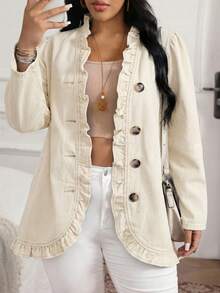 EMERY ROSE Plus Size Ruffled Double-Breasted Denim Jacket - Beige - View 7