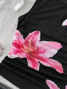 少女背心/吊带衫 夏季甜美清爽碎花印花吊带衫，修身贴合，适合春季、夏季、度假、海滩、热带风情，碎花印花，四季皆宜 - 黑色 - 查看 4