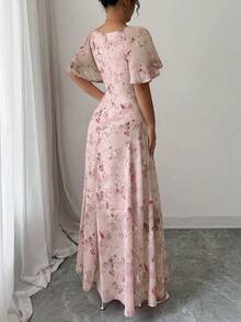 Modelyn Women's Chiffon Butterfly Print Batwing Sleeve Pleated Sweet French Style Summer Dress - Dusty Pink - View 2