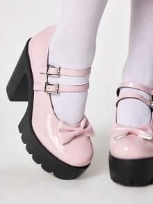 ROMWE Kawaii Giày Rock Punk Gothic tối màu với một khóa cài và gót kim loại dày, giày lười cổ thấp, giày công sở trang trọng, giày Mary Jane Nhật Bản, giày da nhỏ, giày cao gót nữ. - Màu hồng sáng da nơ bướm - Xem 2