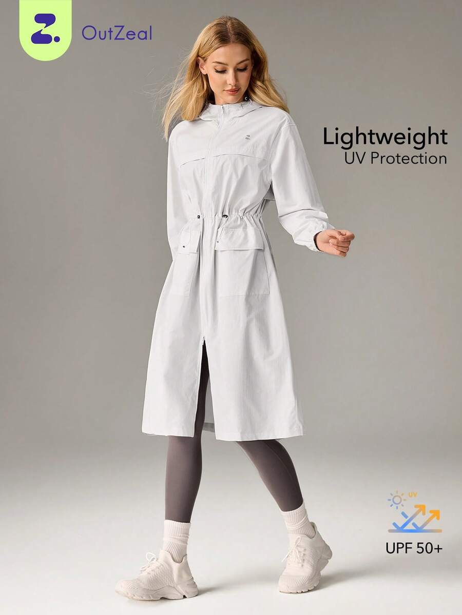 OutZeal 女士防晒夹克 徒步露营 防紫外线 轻便长款连帽户外上衣 - 淺灰色 - 查看 1