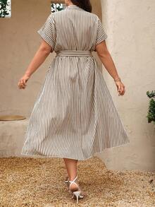 Breezaya Plus Size Blue & White Striped Cardigan Dress - Coffee Brown - View 2