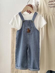 Bộ quần yếm denim rộng rãi kẻ sọc xanh dương có hình gấu dành cho bé trai. - Rửa nhẹ - Xem 4