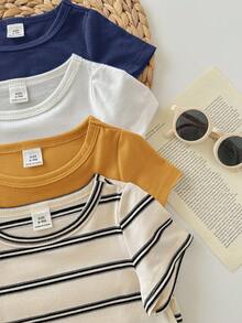 4pcs Baby Boy & Baby Girl Cute Casual Versatile Knitted Elastic Striped Long Sleeve Top Set, Suitable For Spring & Summer Indoor And Outdoor - Multicolor - View 6