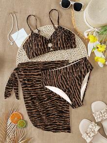 Vintage Spring Break Tiger Print, Teen Girls Tankini Swimsuit Set, Suitable For Summer - Multicolor - View 2