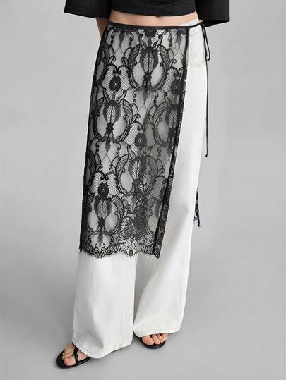 Ontre 2026 SS Lace Fabric Women's Skirt, Semi-Transparent Black Outerwear, Vintage Style For Independence Day Tea Party, Vacation, Party, Minimalist Elegant Urban Chic Wrap Design Romantic Date Fashion Versatile Skirt