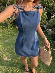 Sunnyshic Đầm denim thắt nút dành cho nữ, thời trang cho các buổi hẹn hò, mặc hàng ngày và đi chơi. - Màu xanh lam - Xem 8