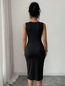 Selianne 春夏休闲交叉领收腰蝴蝶结修身优雅中长连衣裙，时尚黑色连衣裙，打造优雅造型 - 黑色 - 查看 2