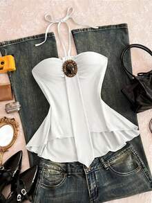 Camiseta de tirantes finos con estampado floral vintage, parches con cuentas y efecto desgastado, top bohemio de verano para mujer en color marrón - Blanco - Ver 6