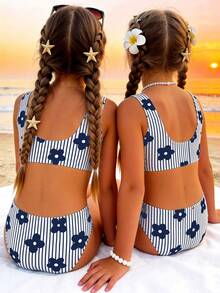 SHEIN Bộ bikini kẻ sọc và họa tiết hoa cho bé gái, thích hợp cho kỳ nghỉ hè ở bãi biển. - Nhiều màu - Xem 2