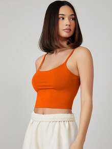 SHEIN BASICS 女款純色緊身短版細肩帶背心上衣，百搭夏季上衣，適合日常白天城市度假、休閒健身運動，橘色 - 橘色 - 查看 4