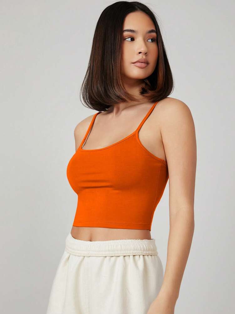 SHEIN BASICS 女款素色圓領緊身短版吊帶背心，夏季百搭上衣夏裝 - 橘色 - 查看 3