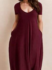 INAWLY Solva Đầm nữ cỡ lớn màu trơn, kiểu dáng thường ngày, đa năng, có túi, thích hợp mặc hàng ngày. - Màu Đỏ Sâu - Xem 3