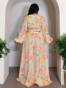 Veslaya 春夏浪漫優雅傳統花卉印花短版上衣與長裙套裝，度假、婚禮賓客、大尺碼馬卡龍色 - 淡黃色 - 查看 2