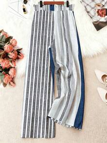 EMERY ROSE Plus Size Women's Elegant Casual Striped Pants, Long Trousers For Plus Size - Multicolor - View 2