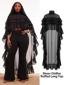 SHEIN SXY 大码女式纯色荷叶边前短后长衬衫 - 黑色 - 查看 3