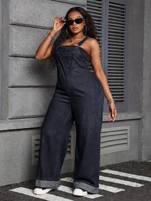 Dripcurv 大码牛仔连体裤，性感修身背带裤，蓝色 - 藍色 - 查看 3