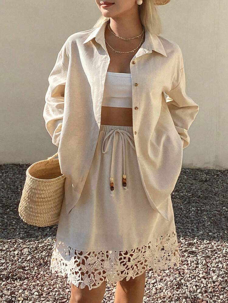Women's Casual Solid Color Loose Collar Long Sleeve Shirt Contrast Lace Trim Beaded Drawstring Skirt Two Pieces Set, Summer Lounge Sets For Women