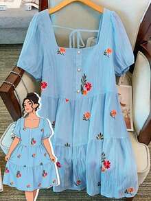 GlowEve CURVE Plus Size Women's Hot Selling Square Neck Elegant Embroidered Dress, Exquisite Embroidered Dress Suitable For Daily Commute And Outdoor Activities - Blue - View 1