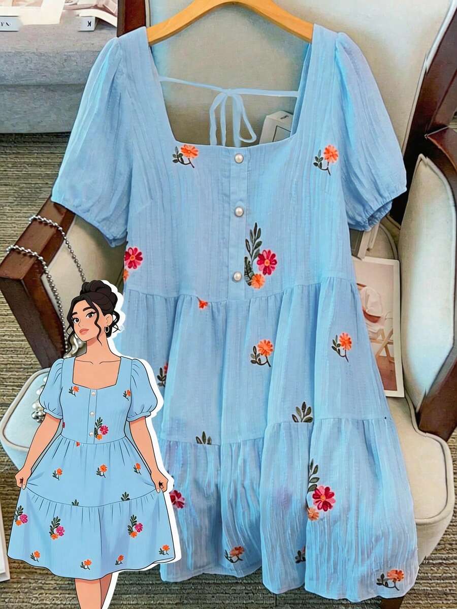 GlowEve CURVE Plus Size Women's Hot Selling Square Neck Elegant Embroidered Dress, Exquisite Embroidered Dress Suitable For Daily Commute And Outdoor Activities - Blue - View 1