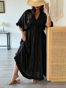 Vionelle Plus Size French Style Solid Color Boho Ruffle Trim Regular Dress, Spring/Summer Holiday Dinner Vacation Vacation Holiday Black - Black - View 4