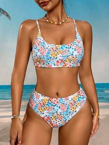 Swim Mod Set Pakaian Renang Bikini Seksi Wanita dengan Motif Bunga Acak dan Tali Bahu Tipis, Cocok untuk Liburan di Pantai - Baby Blue - View 3