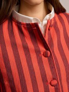 Áo kiểu kẻ sọc, kẻ dọc và sọc ngang, cổ tròn, cúc bọc vải, vai phồng, tay dài có cúc ở cổ tay, kiểu dáng xuân hè, trang phục sinh nhật hoặc lễ hội thời trang. - Đỏ - Xem 5
