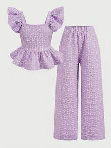 SHEIN 2pcs/Set Tween Girls' Casual Patchwork Solid Color Ruffle Hem Shirt And Pants Outfit - Purple - View 11