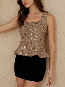 Aveloria Rosie Chic Tweed Fabric Sequin Embroidered Sleeveless Top, Sophisticated Design, Fitted A-Line Silhouette, Versatile For Party, Vacation, Commute, Summer Casual Wear - Khaki - View 6